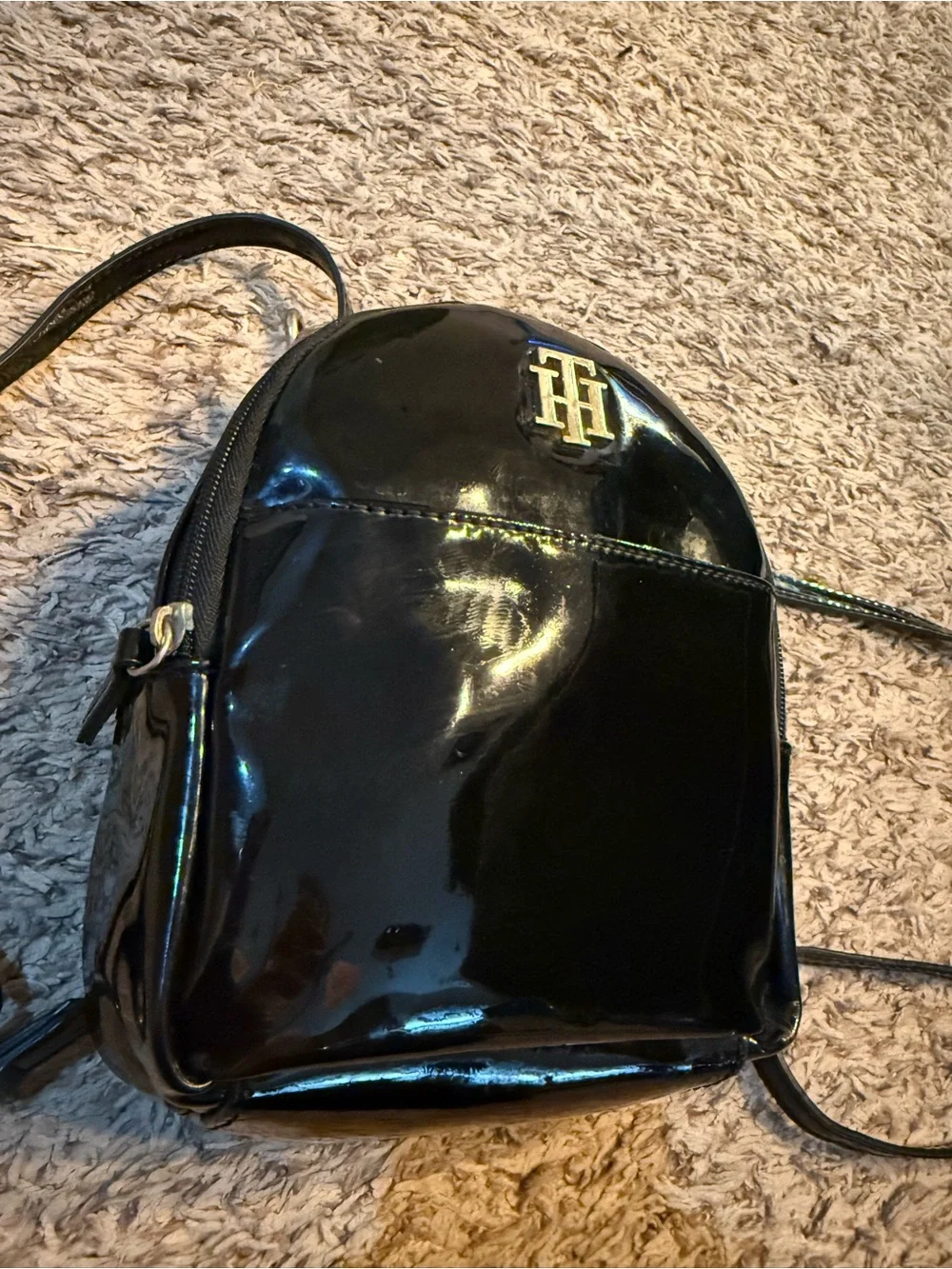 Tommy Hilfiger- Black Patent Mini Crossbody Backpack with Gold Logo